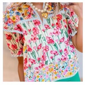 Floral Watercolor Ruffle Sleeve Blouse V-Neck Boho Top fits like a Large